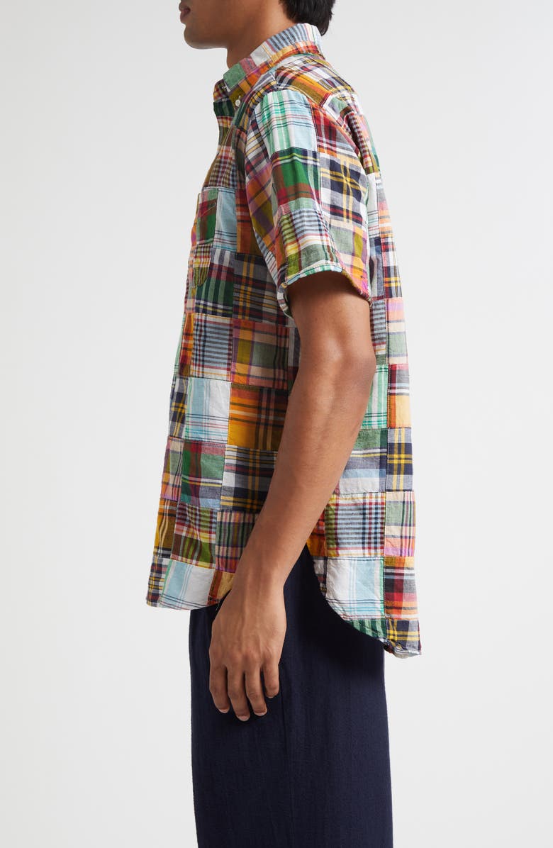 BEAMS Patchwork Plaid Short Sleeve Button-Down Popover Shirt, Alternate, color, 65 Green