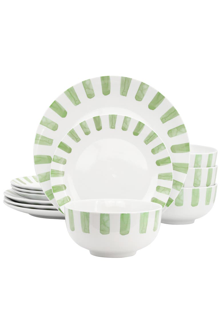 Pacific Waves 12 Piece Round Ceramic Dinnerware Set, Main, color, Green