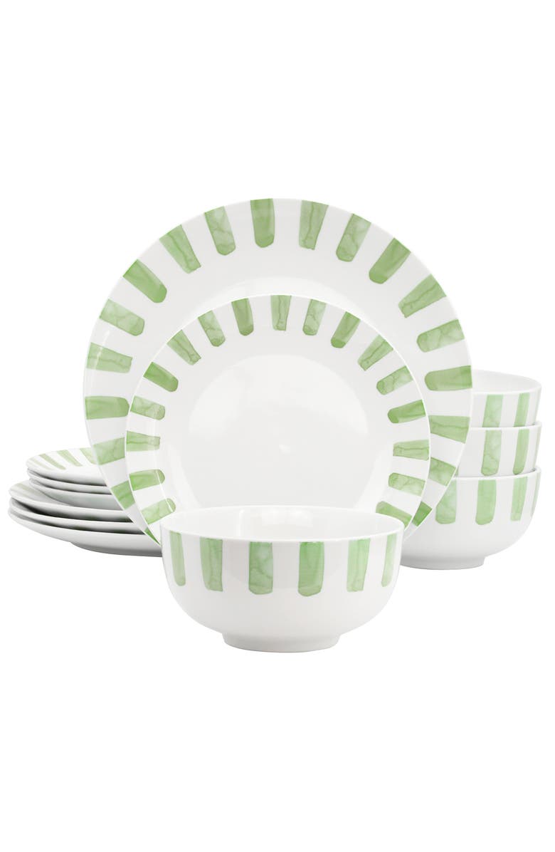 Gibson Home Pacific Waves 12 Piece Round Ceramic Dinnerware Set, Main, color, Green