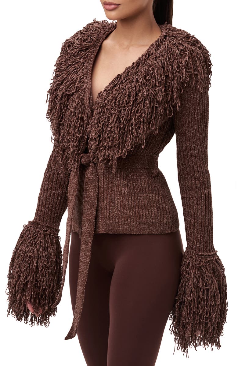 Naked Wardrobe Fringe Tie Waist Chenille Cardigan, Alternate, color, Dark Chocolate