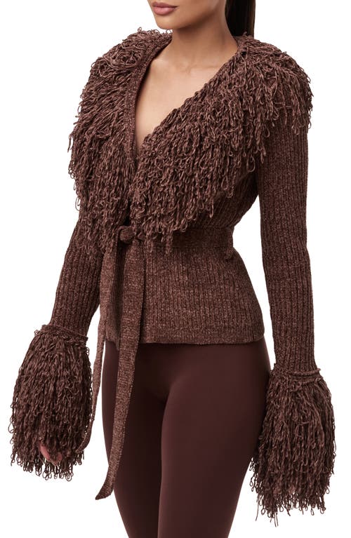 Naked Wardrobe Fringe Tie Waist Chenille Cardigan In Brown