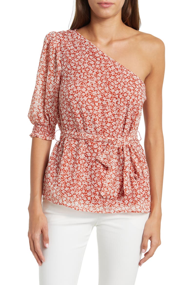 One Shoulder Blouse, Main, color, RUST DITSY
