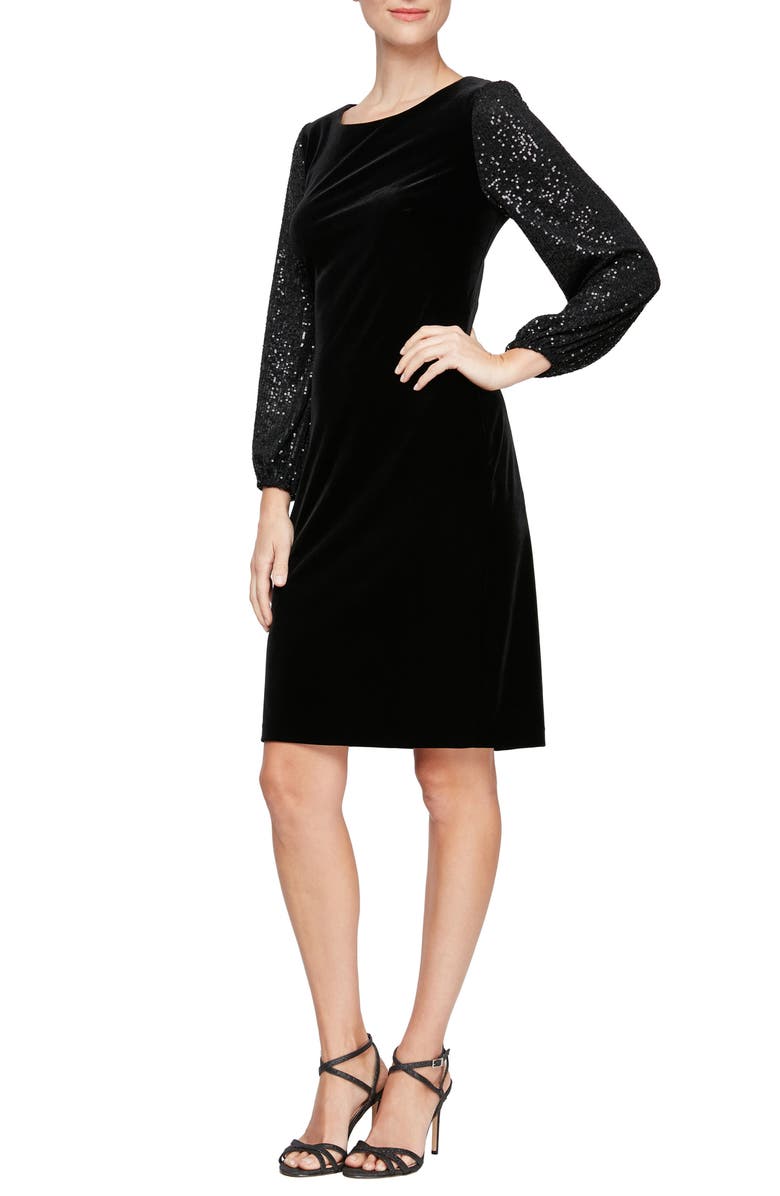 Alex Evenings Sequin Long Sleeve Velvet Sheath Dress, Main, color, 