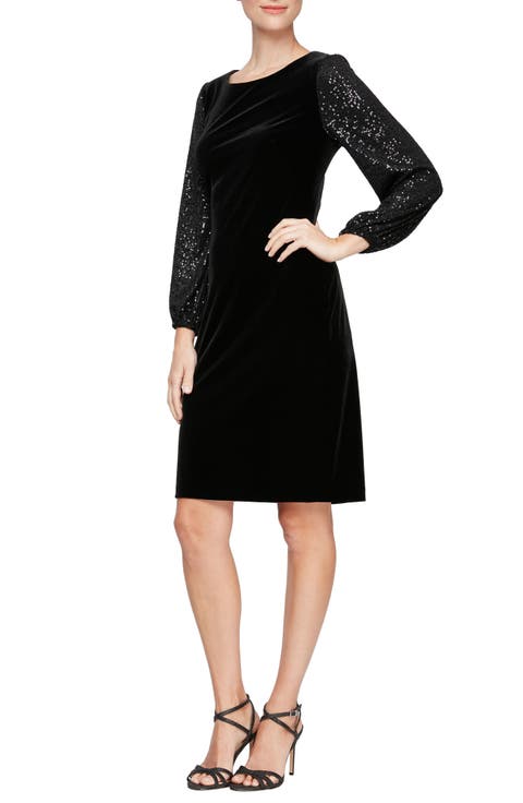 Sequin Long Sleeve Velvet Sheath Dress (Petite)