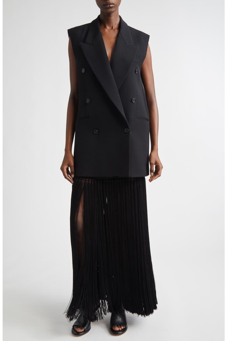 Frayed Double Breasted Wool Gabardine Vest, Alternate, color, BLACK