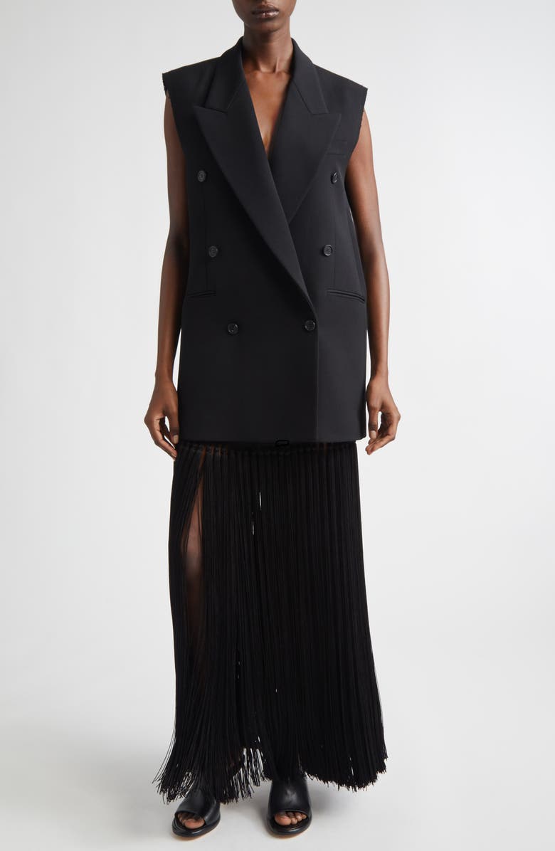 Michael Kors Collection Frayed Double Breasted Wool Gabardine Vest, Alternate, color, Black