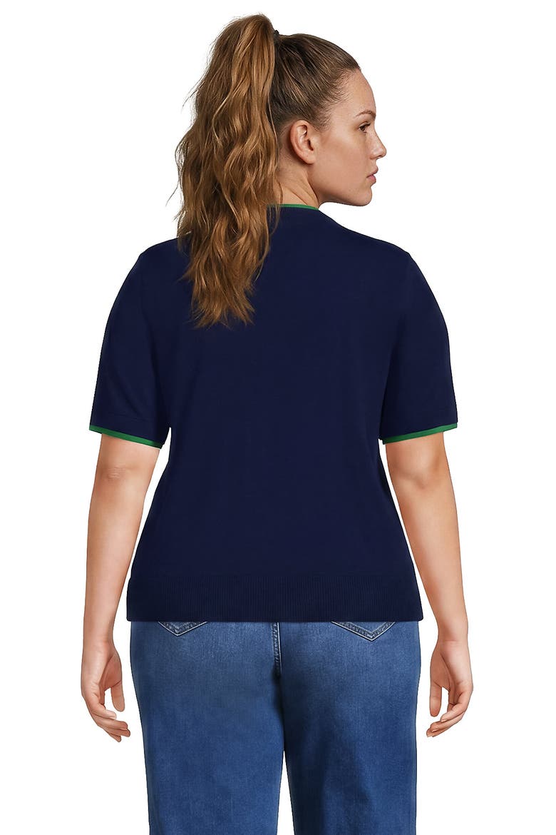 Plus Size Double Trim Cotton Crew Neck Tee Sweater, Alternate, color, Deep Sea Navy/Clover