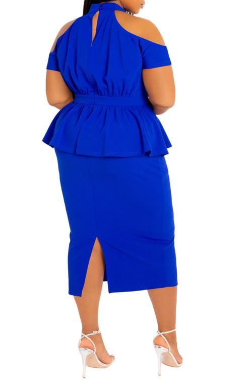 Shop Buxom Couture Cold Shoulder Peplum Midi Dress In Royal Blue