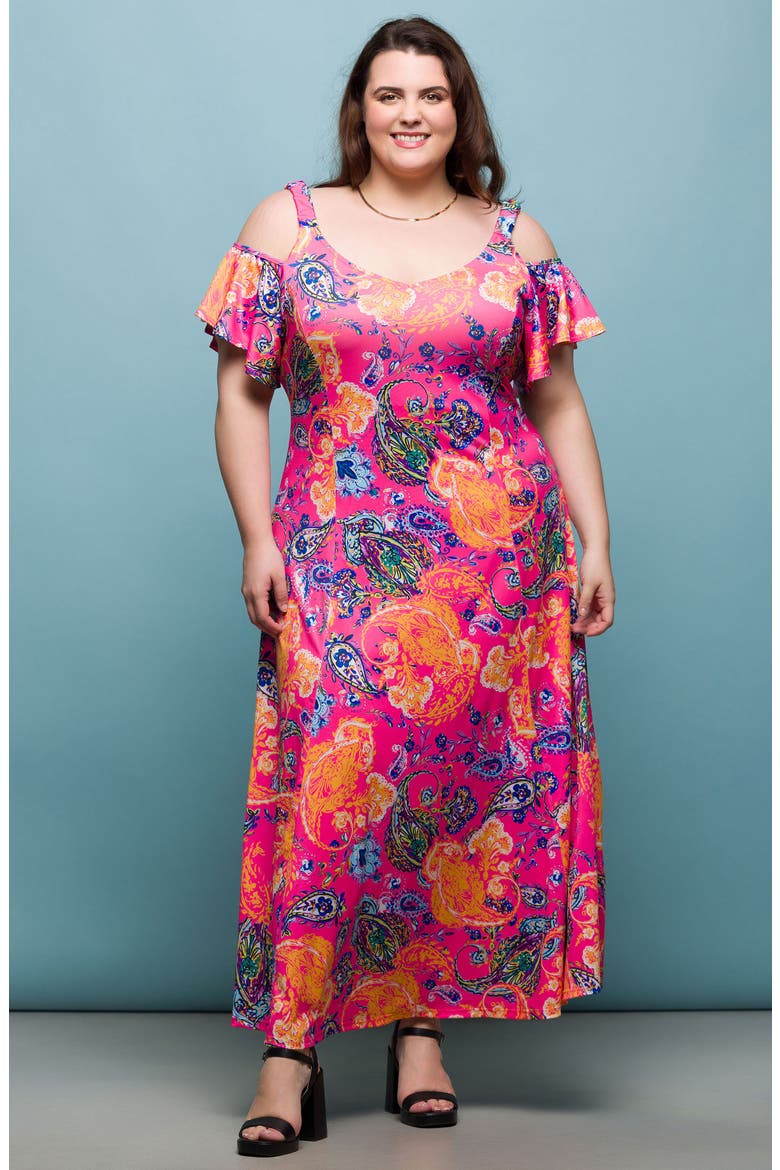 Printed Cold Shoulder Jersey Maxi Dress, Alternate, color, PINK MULTI