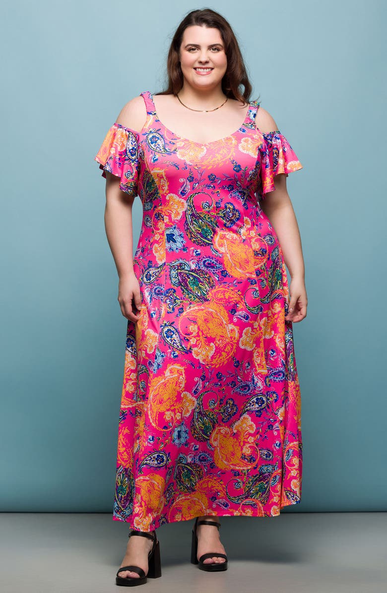 24seven Comfort Apparel Printed Cold Shoulder Jersey Maxi Dress, Alternate, color, Pink Multi