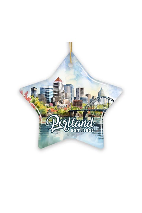 Portland Watercolor Skyline Star Ceramic Ornament