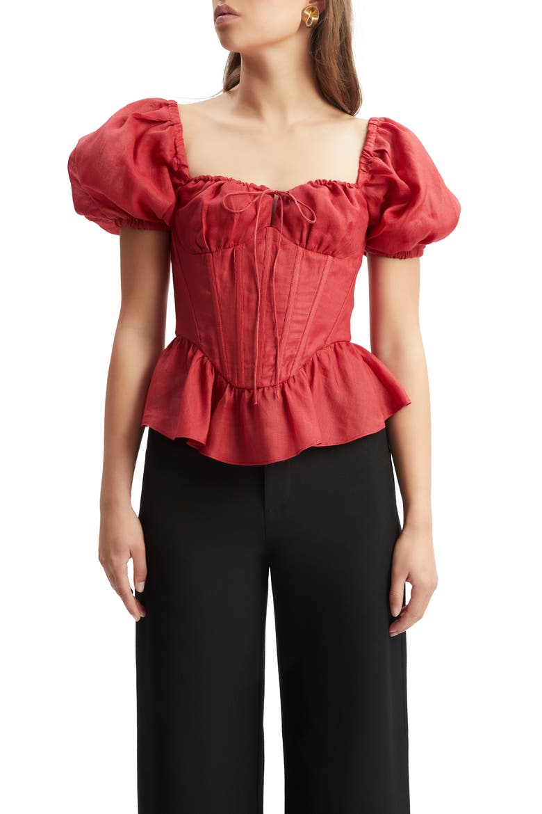 Esra Puff Sleeve Ramie Corset Top, Alternate, color, FIRE RED