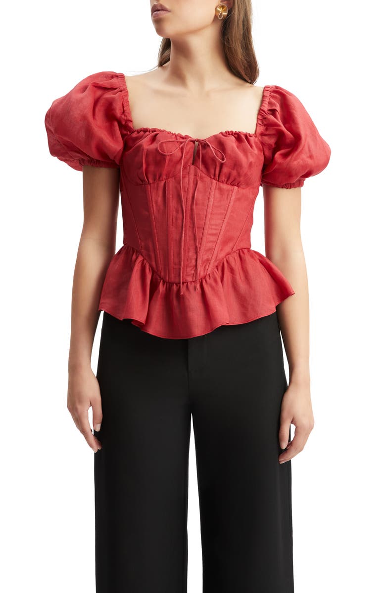 Bardot Esra Puff Sleeve Ramie Corset Top, Alternate, color, Fire Red