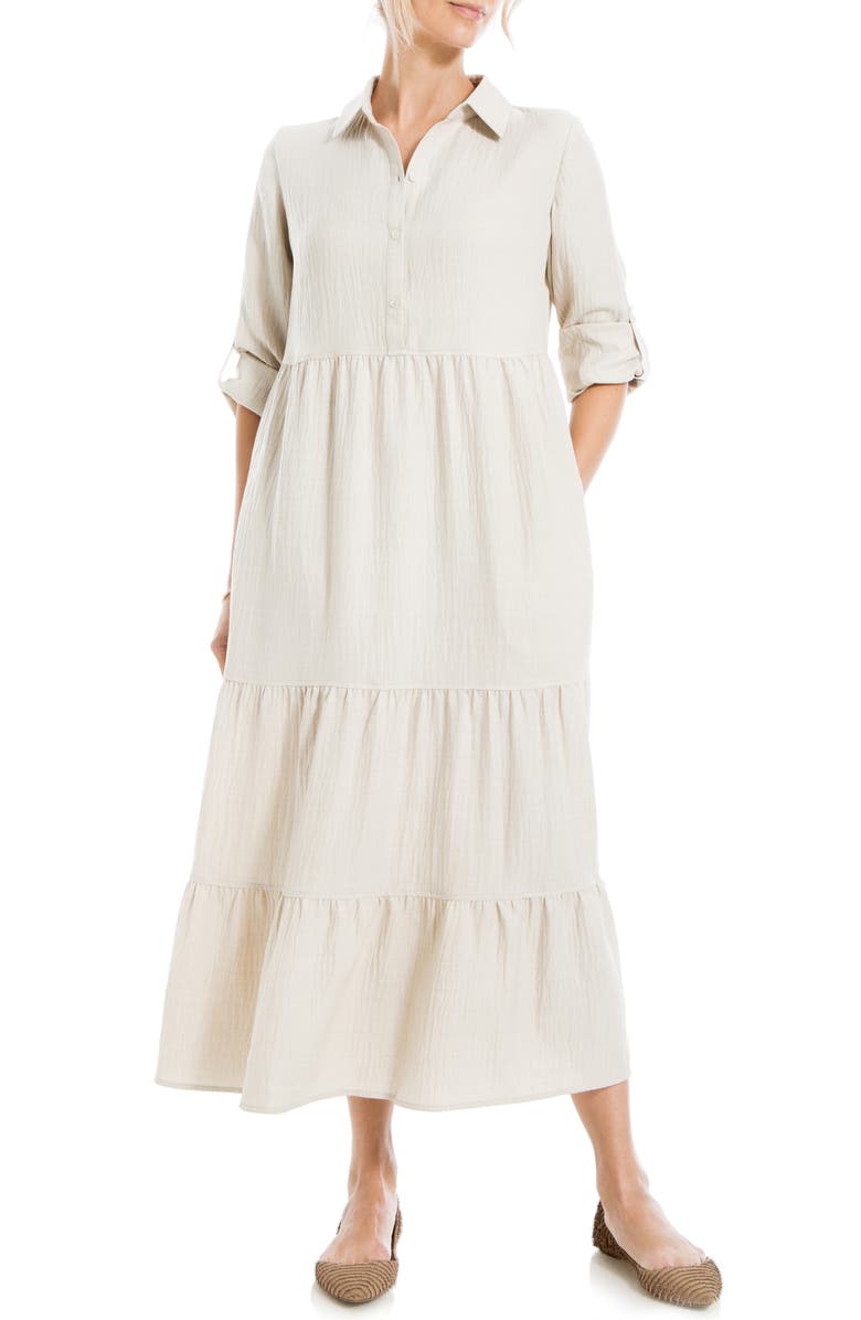 MAX STUDIO LONDON Tiered Long Sleeve Gauze Shirtdress, Alternate, color, Heather Oatmeal