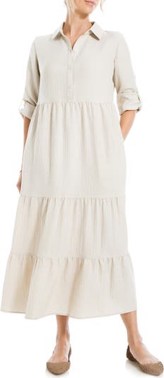 Tiered Long Sleeve Gauze Shirtdress