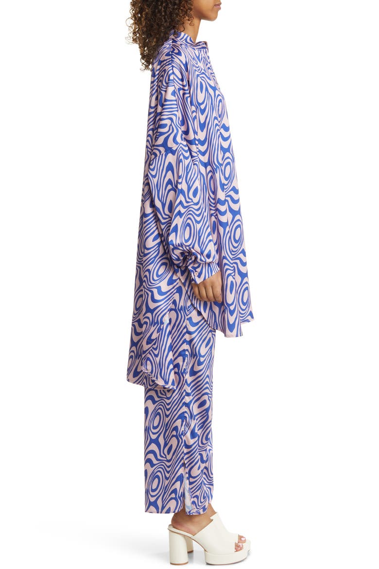 Oversize Button-Up Satin Shirt & High Waist Crop Pants Set, Alternate, color, PINK/BLUE