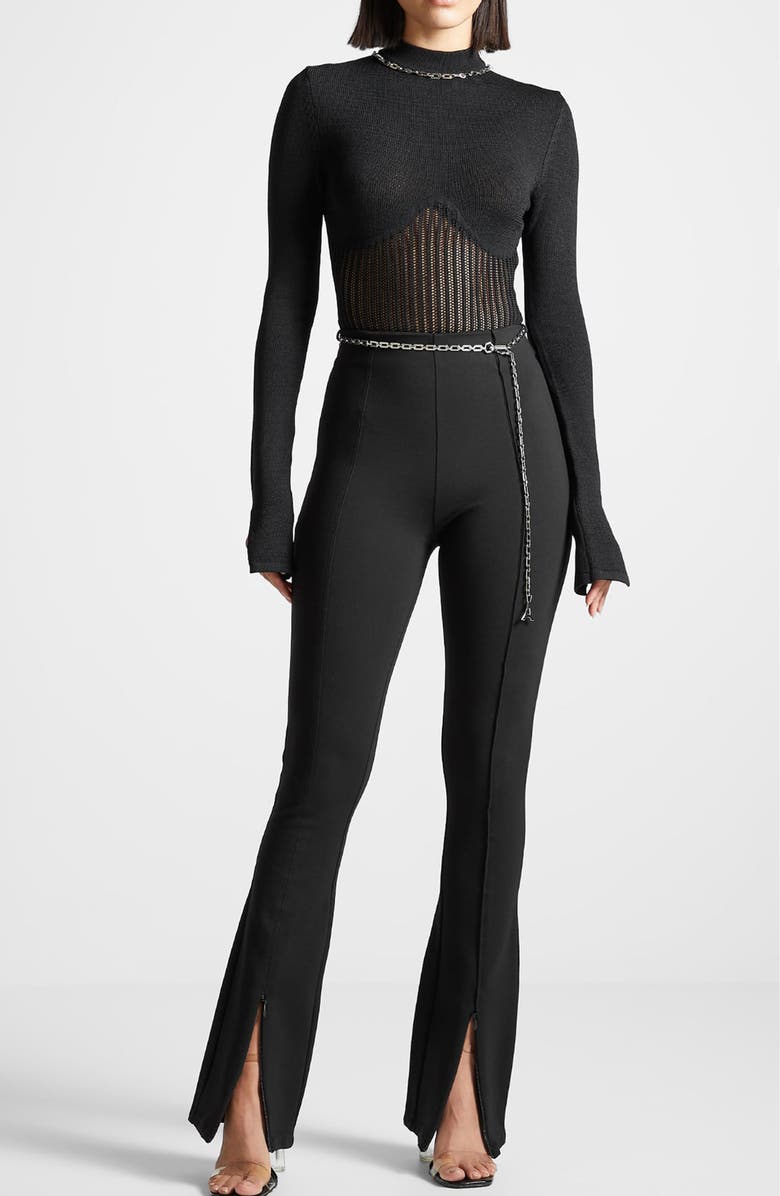 Manière De Voir Contour Knit Bodysuit with Chain, Alternate, color, Black