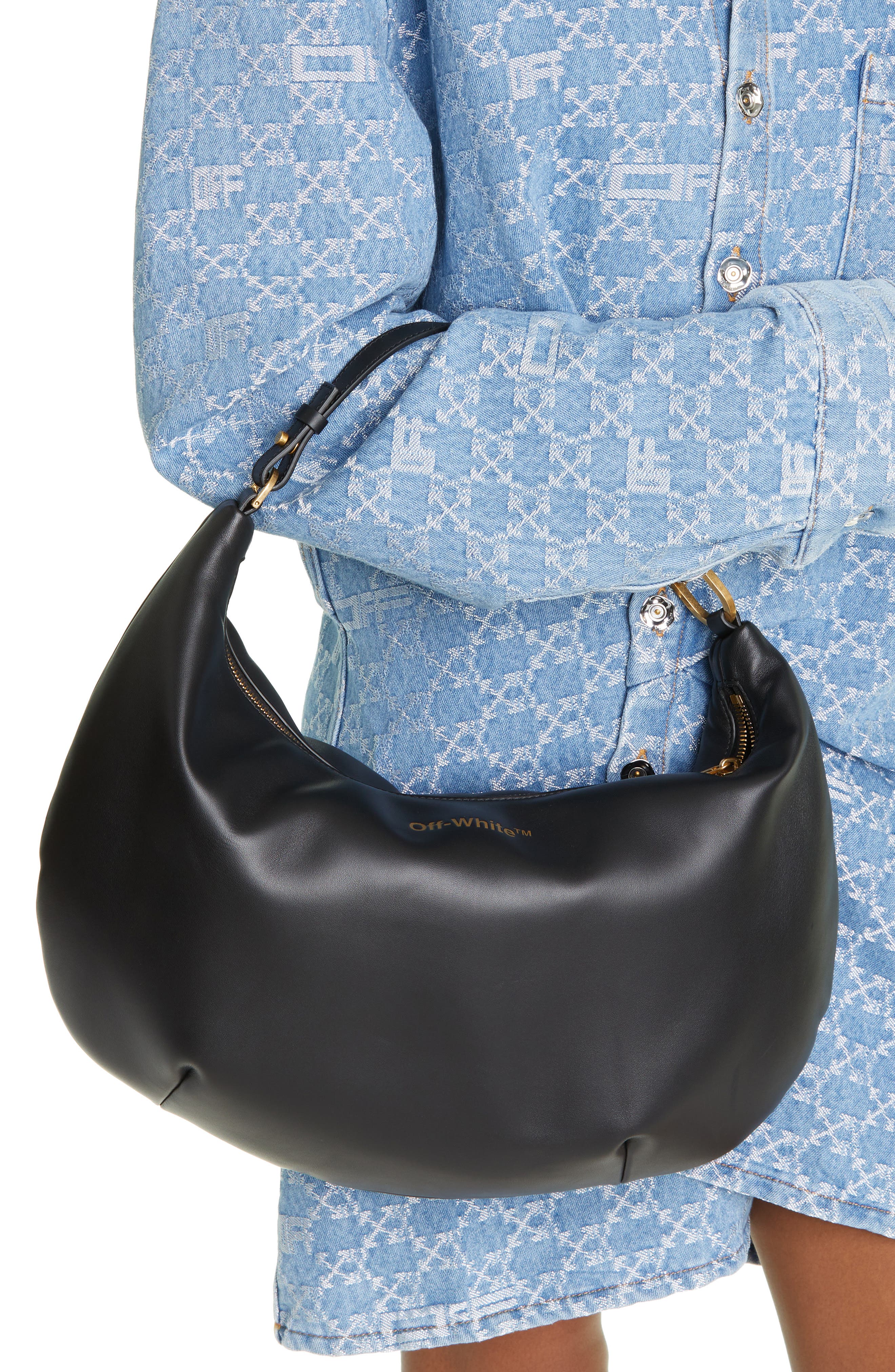 Off-White Paper Clip Leather Hobo Bag, Alternate, color, Black