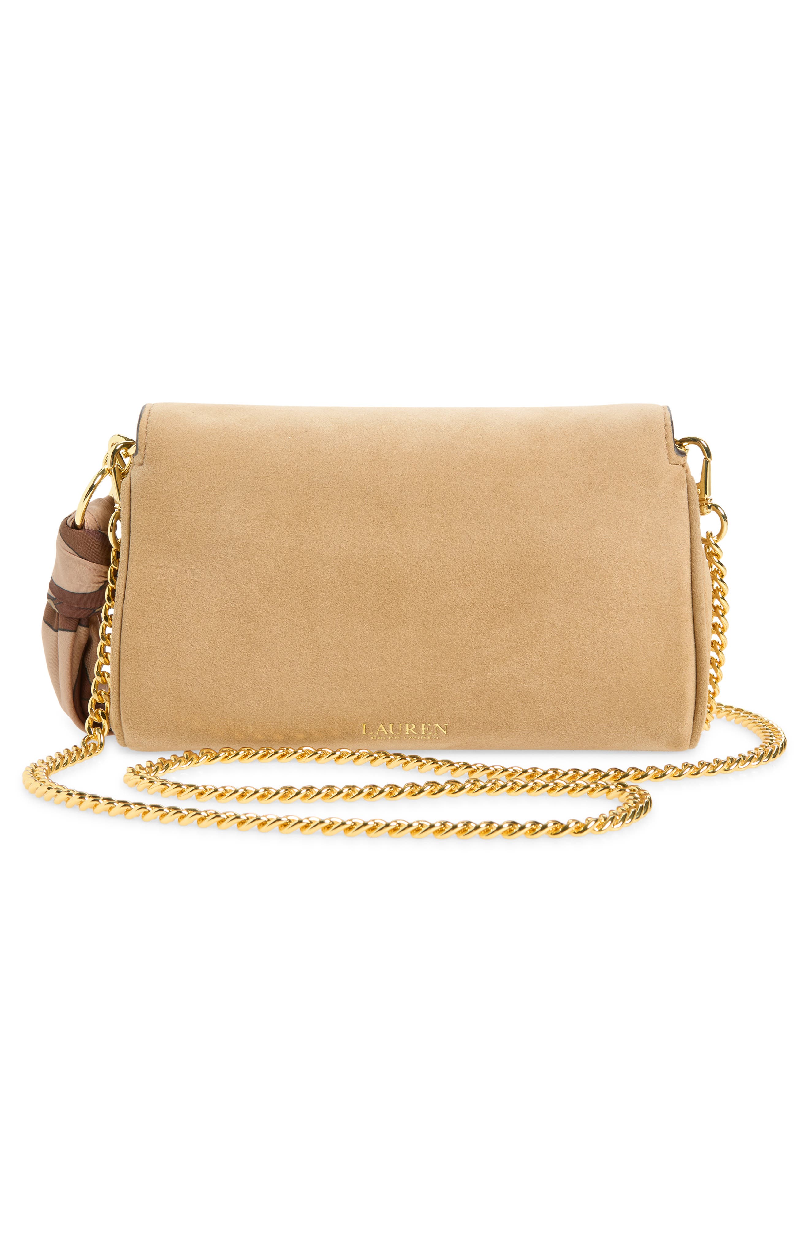 Small Suede Turnlock Crossbody Bag with Scarf, Alternate, color, CAMEL