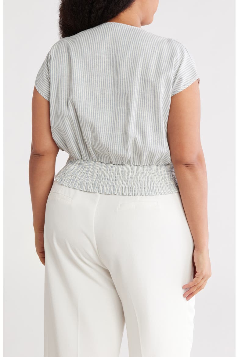 Stripe Cap Sleeve Smocked Waist Linen Blend Top, Alternate, color, BLUE/ IVORY