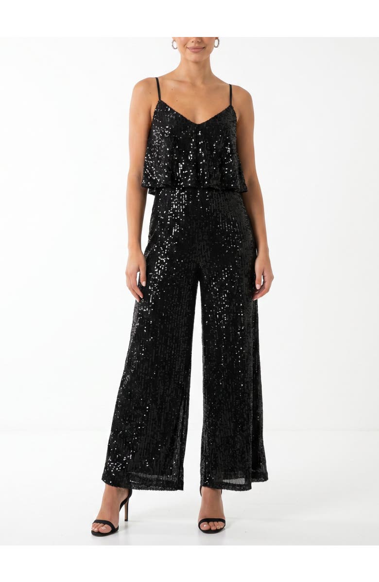 RACHEL Rachel Roy Sequin Tara Ruffle Jumpsuit, Main, color, Black