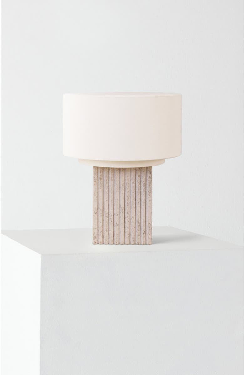 Brightech Atticus 15" Modern LED Natural Limestone Table Lamp with Cotton Fabric Shade, Main, color, Cream