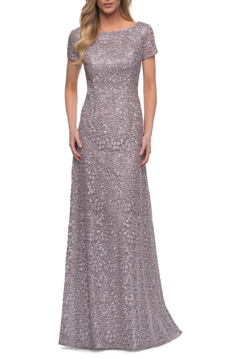 Embroidered Lace Column Gown, Alternate, color, DARK MAUVE