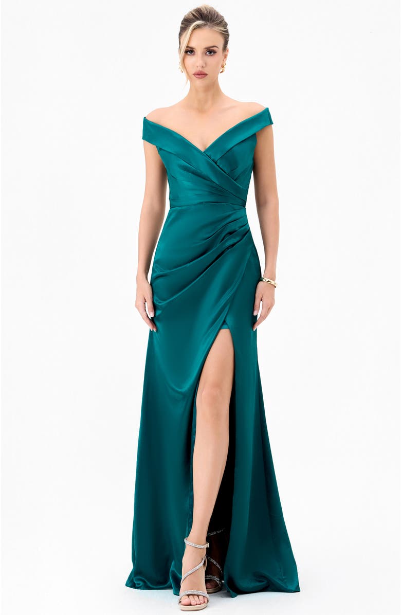 Bariano Aliana Off Shoulder Gown, Alternate, color, Teal