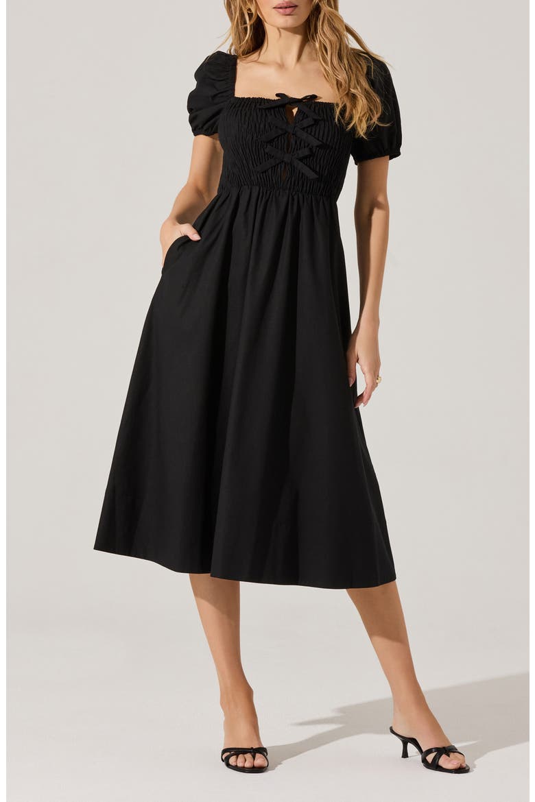 Bow Detail Smock Bodice Cotton Blend Dress, Main, color, BLACK