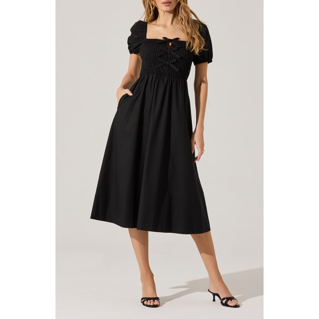 Astr The Label Bow Detail Smock Bodice Cotton Blend Dress In Black