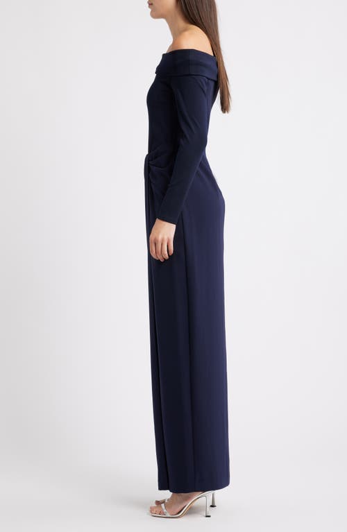 Ralph Lauren Lauren Off The Shoulder Long Sleeve Rib & Crepe Gown In Blue