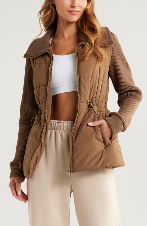 Zella Quilted Rib Mix Hybrid Jacket In Brown Teak