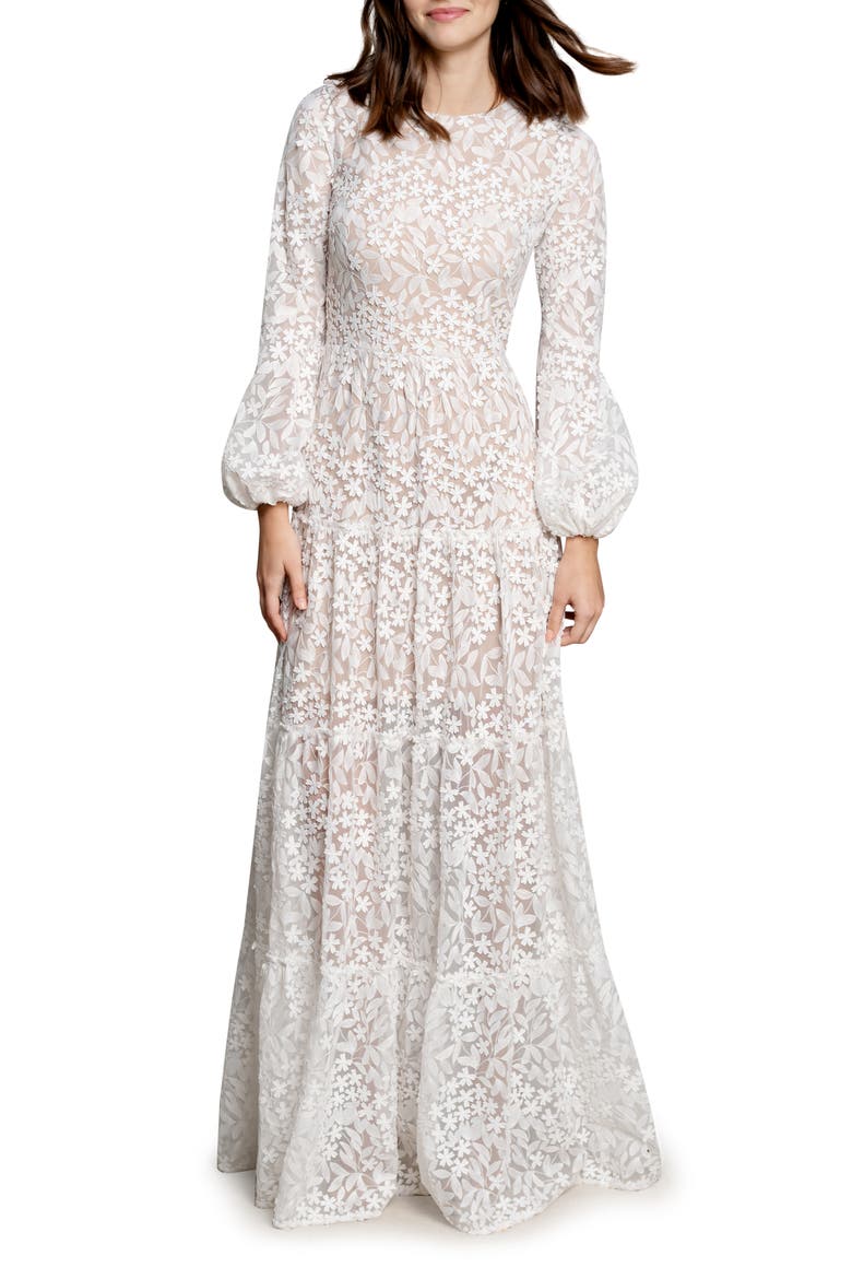 Lyra Semisheer Long Sleeve Gown, Alternate, color, WHITE