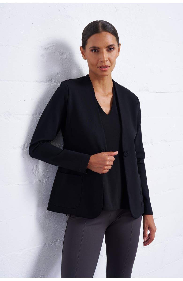 Franne Golde Perfect Ponte Collarless Fitted Stretch Blazer, Alternate, color, Black