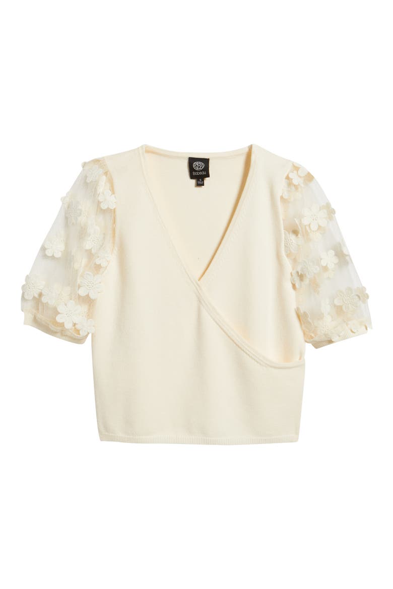 Floral Appliqué Short Sleeve Surplice Sweater, Alternate, color, CREAM