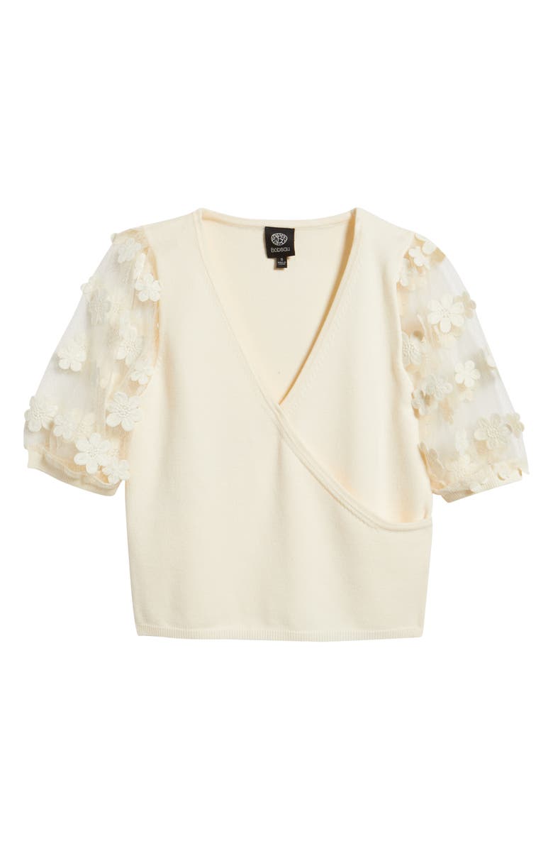 Bobeau Floral Appliqué Short Sleeve Surplice Sweater, Alternate, color, Cream