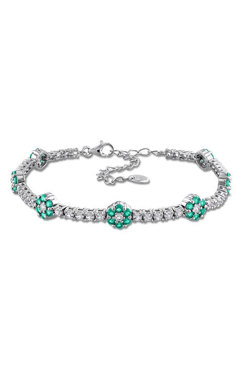 Sterling Silver Lab Grown Emerald & Lab Grown Sapphire Floral Bracelet