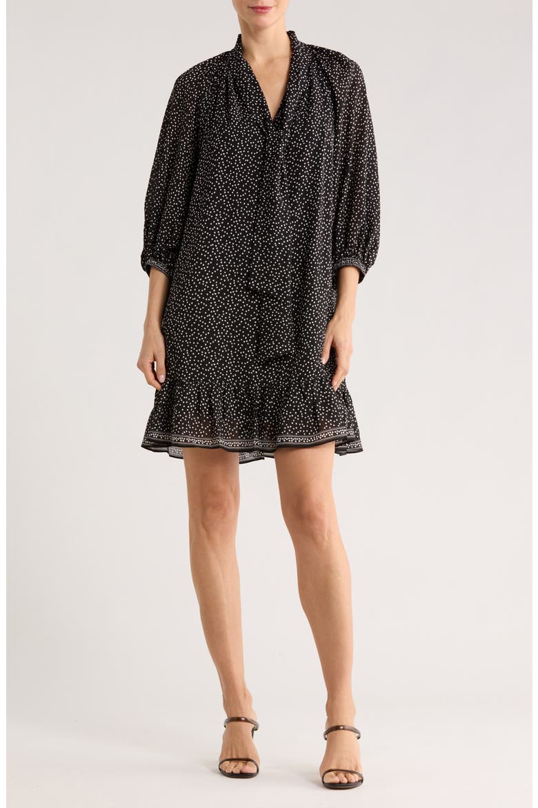 Tie Neck Balloon Sleeve Trapeze Dress, Main, color, BLACK/ IVORY RANDOM DOT