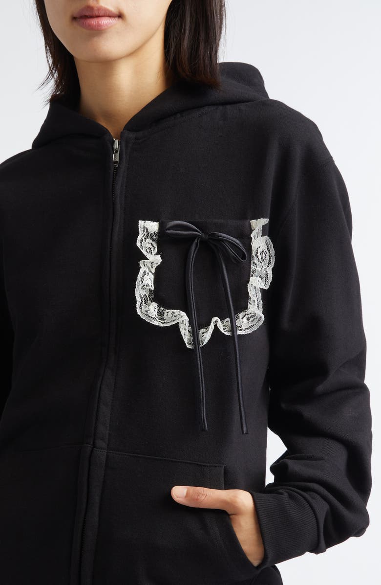 Tanner Fletcher Gender Inclusive Bennett Bow Pocket Cotton Zip-Up Hoodie, Alternate, color, Black