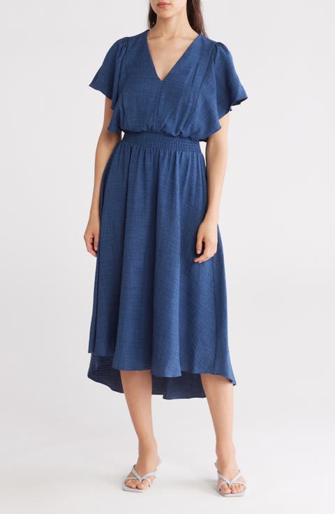 Flutter Sleeve Smocked Waist Fit & Flare Dress