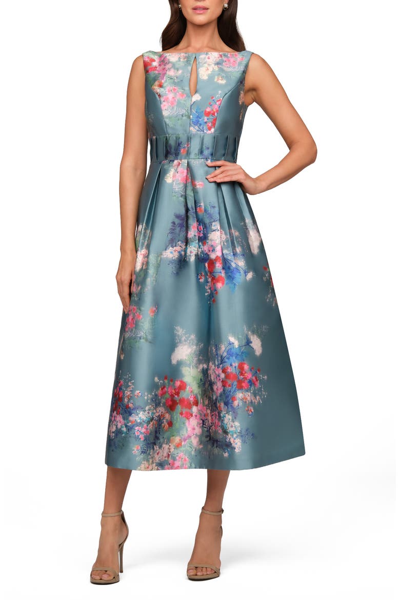 Hara Floral Print A-Line Dress, Main, color, CYAN MULTI