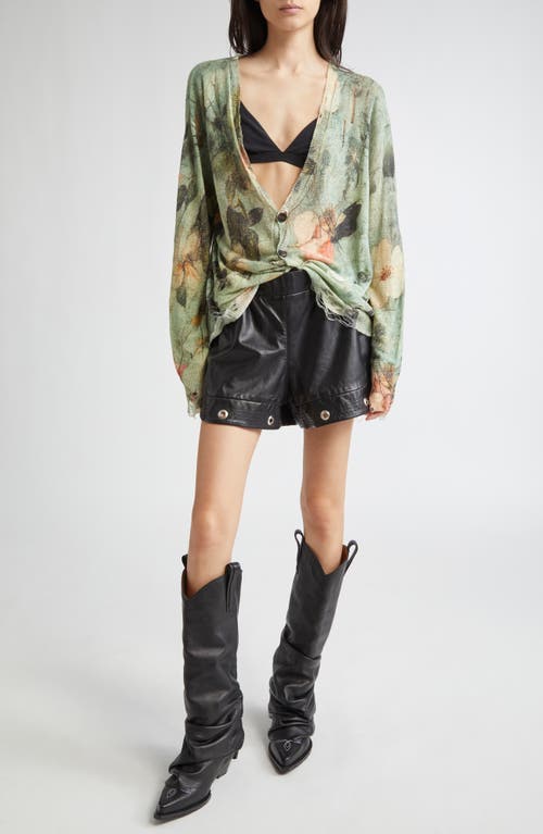 R13 Boyfriend Distressed Floral-print Linen Cardigan In Green
