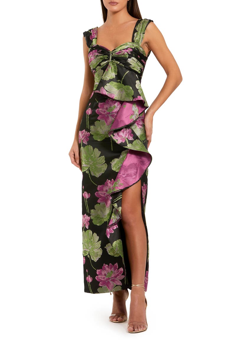 Brocade Cap Sleeve Ruffle Ankle Dress, Main, color, Black Multi