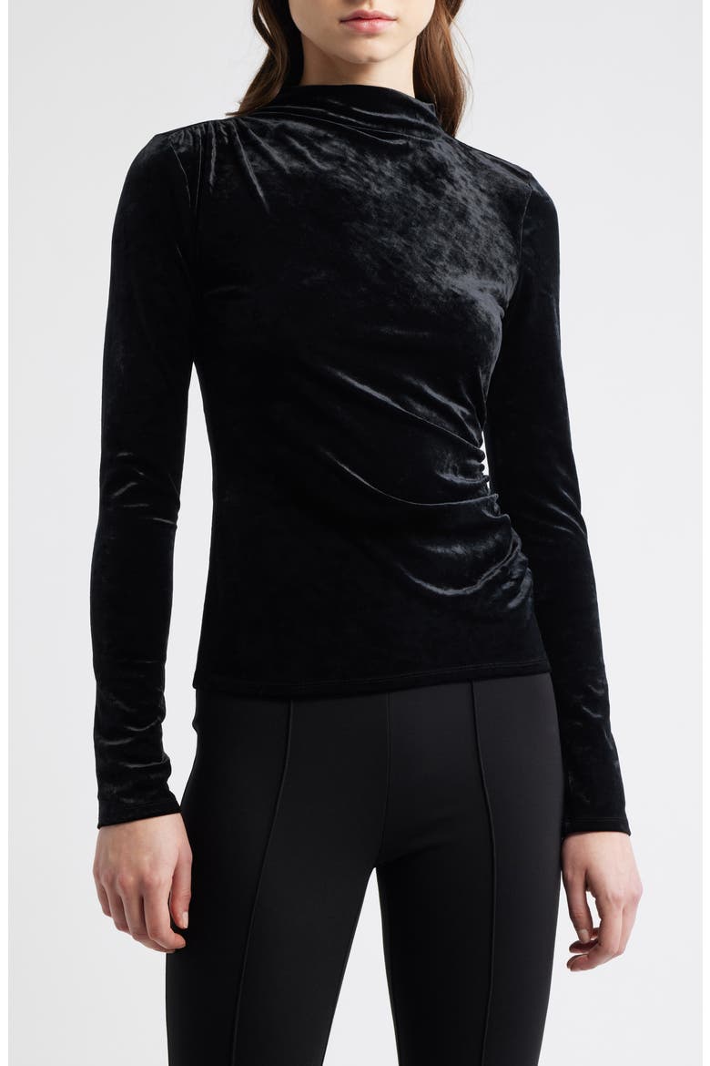 Joelle Ruched Velour Mock Neck Top, Main, color, BLACK