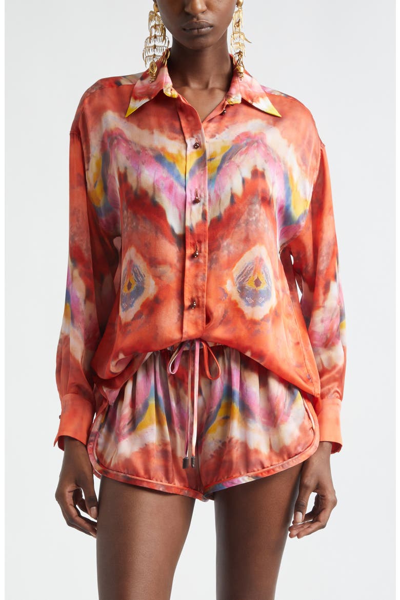 Kindred Spirit Alchemy Relaxed Silk Satin Button-Up Shirt, Main, color, RUBY TIE DYE