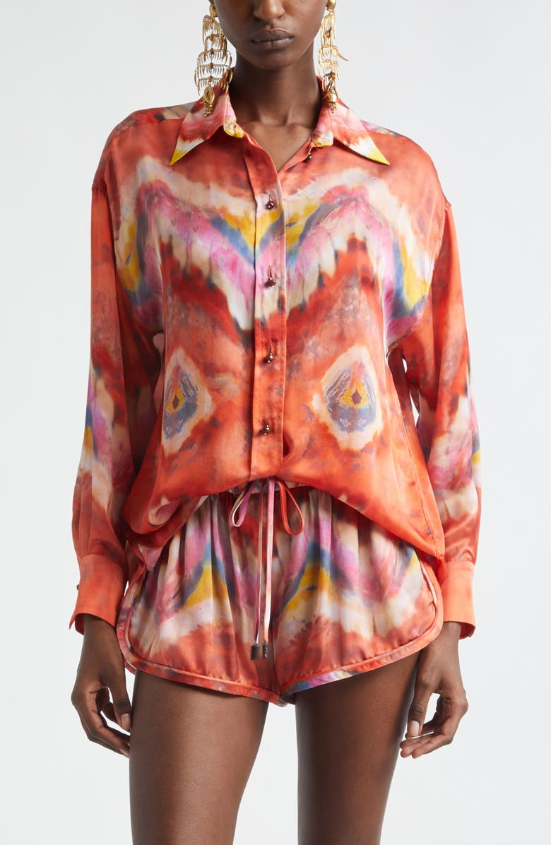 Zimmermann Kindred Spirit Alchemy Relaxed Silk Satin Button-Up Shirt, Main, color, Ruby Tie Dye