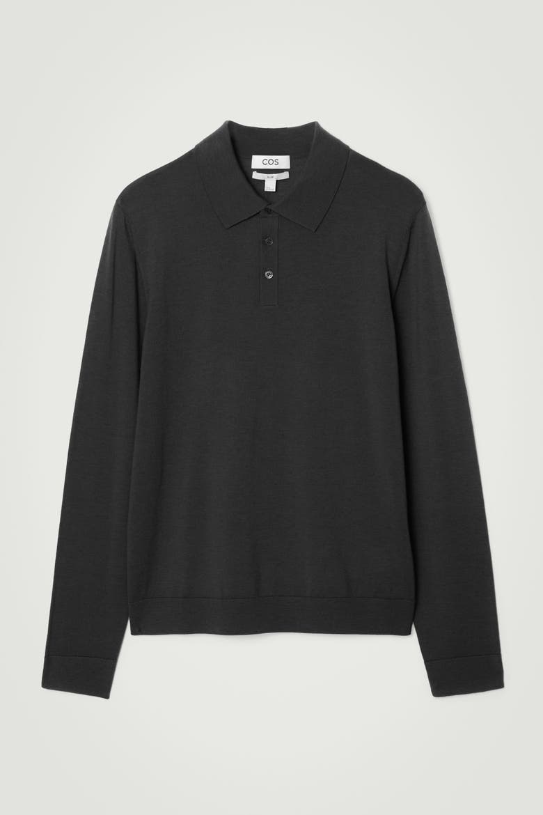 Slim Merino Wool Polo Shirt, Alternate, color, BLACK