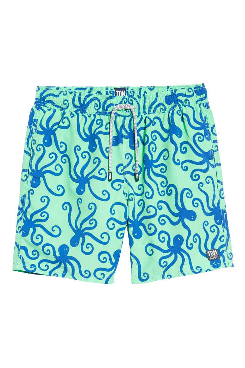 'Octopus Pattern' Swim Trunks, Alternate, color, GREEN/ BLUE