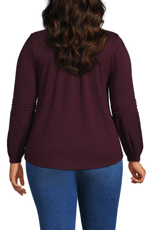 Lands' End Plus Size Lightweight Jersey Lace Mix Long Sleeve Pintuck Top In Burgundy