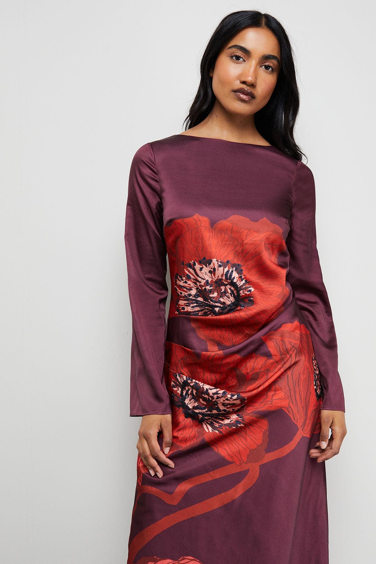 Floral Placement Print Satin Midi Dress - image 2